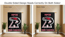 Load image into Gallery viewer, ripon red hawks logo reading correctly on both sides of black double sided house flag
