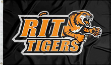 Load image into Gallery viewer, black rochester institute of technology flag with rit tigers logo for college dorm decor
