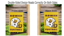 Load image into Gallery viewer, rowan football logo reading correctly on both sides of gold double sided garden flag
