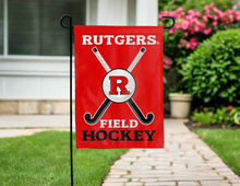Load image into Gallery viewer, red rutgers field hockey garden flag hung outside for yard decor
