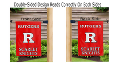 Load image into Gallery viewer, rutgers r scarlet knights logo reading correctly on both sides of red garden flag
