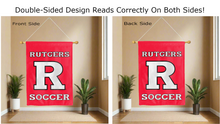 Load image into Gallery viewer, rutgers soccer logo reading correctly on both sides of red double sided house flag
