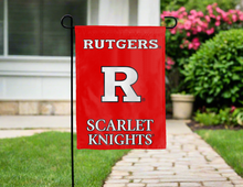 Load image into Gallery viewer, red rutgers university garden flag hung outside a home for yard decor
