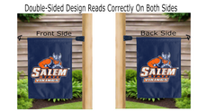Load image into Gallery viewer, salem state vikings logo reading correctly on both sides of blue double sided garden flag
