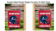 Load image into Gallery viewer, samford football logo reading correctly on both sides of red double sided garden flag
