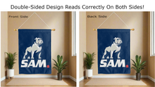 Load image into Gallery viewer, samford university logo reading correctly on both sides of blue double sided house flag
