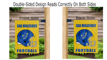 Load image into Gallery viewer, sau mulerider football logo reading correctly on both sides of gold southern arkansas university garden flag
