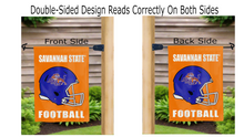 Load image into Gallery viewer, savannah state football logo reading correctly on both sides of orange double sided garden flag
