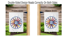 Load image into Gallery viewer, sec pinwheel logo reading correctly on both sides of white double sided garden flag
