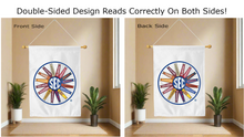 Load image into Gallery viewer, sec pinwheel logo reading correctly on both sides of white double sided house flag
