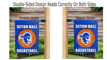 Load image into Gallery viewer, seton hall basketball logo reading correctly on both sides of blue double sided garden flag
