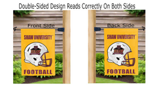 Load image into Gallery viewer, shaw university football logo reading correctly on both sides of gold double sided garden flag
