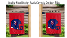 Load image into Gallery viewer, shenandoah university football logo reading correctly on both sides of red double sided garden flag
