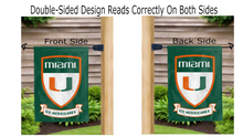 Load image into Gallery viewer, shield and go hurricanes logos reading correctly on both sides of green university of miami garden flag
