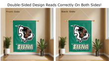 Load image into Gallery viewer, siena university logo reading correctly on both sides of green double sided house flag
