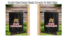 Load image into Gallery viewer, siue cougars logo reading correctly on both sides of black double sided garden flag

