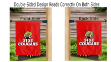 Load image into Gallery viewer, siue cougars logo reading correctly on both sides of red double sided garden flag

