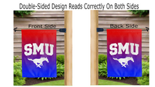 Load image into Gallery viewer, smu logo reading correctly on both sides of gradient double sided garden flag
