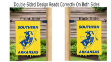 Load image into Gallery viewer, southern arkansas university logo reading correctly on both sides of gold double sided garden flag
