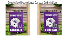 Load image into Gallery viewer, southwest baptist football logo reading correctly on both sides of purple garden flag
