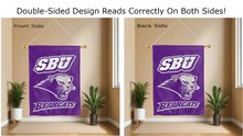 Load image into Gallery viewer, southwest baptist university sbu bearcats logo reading correctly on both sides of purple house flag
