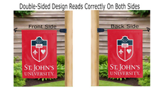 Load image into Gallery viewer, st john's university logo reading correctly on both sides of red double sided garden flag
