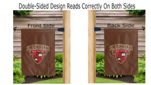 Load image into Gallery viewer, st. lawrence university saints logo reading correctly on both sides of brown double sided garden flag
