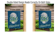 Load image into Gallery viewer, state college of florida logo reading correctly on both sides of blue double sided garden flag
