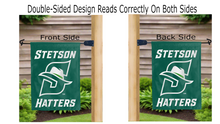 Load image into Gallery viewer, stetson hatters logo reading correctly on both sides of green double sided garden flag
