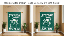 Load image into Gallery viewer, stetson hatters logo reading correctly on both sides of green double sided house flag
