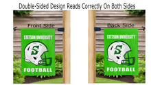 Load image into Gallery viewer, stetson university football logo reading correctly on both sides of green double sided garden flag
