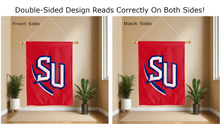 Load image into Gallery viewer, su logo reading correctly on both sides of red shenandoah university double sided house flag
