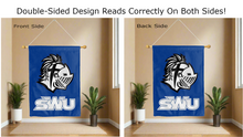 Load image into Gallery viewer, swu warriors logo reading correctly on both sides of blue double sided house flag
