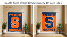 Load image into Gallery viewer, syracuse orange logo reading correctly on both sides of blue and orange double sided house flag
