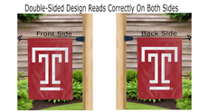 Load image into Gallery viewer, temple university logo reading correctly on both sides of red double sided garden flag
