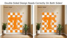 Load image into Gallery viewer, tennessee t logo reading correctly on both sides of checkered background double sided house flag
