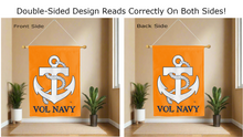 Load image into Gallery viewer, tennessee vol navy logo reading correctly on both sides of orange double sided house flag
