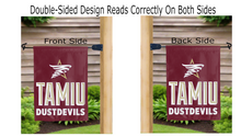Load image into Gallery viewer, texas A&amp;M international university tamiu dustdevils logo reading correctly on both sides of brown double sided garden flag
