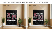 Load image into Gallery viewer, texas A&amp;M university texarkana logo reading correctly on both sides of black double sided house flag
