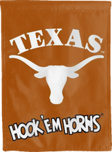 Load image into Gallery viewer, texas longhorns double sided house flag with hook em horns logo for college dorm decor
