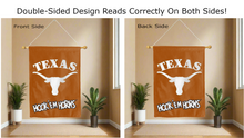 Load image into Gallery viewer, texas longhorns hook em horns logo reading correctly on both sides of orange double sided house flag

