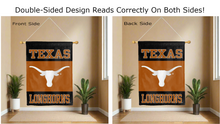 Load image into Gallery viewer, texas longhorns logo reading correctly on both sides of black and orange double sided house flag
