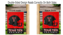Load image into Gallery viewer, texas tech football logo reading correctly on both sides of red and black double sided garden flag
