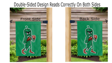 Load image into Gallery viewer, the fighting okra logo reading correctly on both sides of delta state university double sided garden flag
