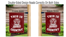 Load image into Gallery viewer, this is aquinas college saints country logo reading correctly on both sides of red double sided garden flag
