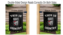 Load image into Gallery viewer, this is belmont abbey crusaders logo reading correctly on both sides of black double sided garden flag
