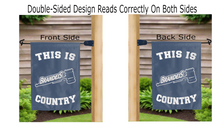 Load image into Gallery viewer, this is brandeis athletics country logo reading correctly on both sides of blue double sided garden flag
