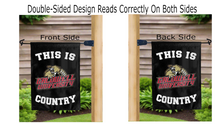 Load image into Gallery viewer, this is caldwell university country logo reading correctly on both sides of black double sided garden flag
