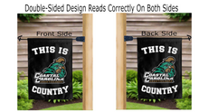 Load image into Gallery viewer, this is coastal carolina chanticleers country logo reading correctly on both sides of black double sided garden flag
