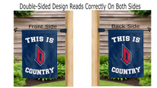 Load image into Gallery viewer, this is duquesne university dukes country logo reading correctly on both sides of blue garden flag
